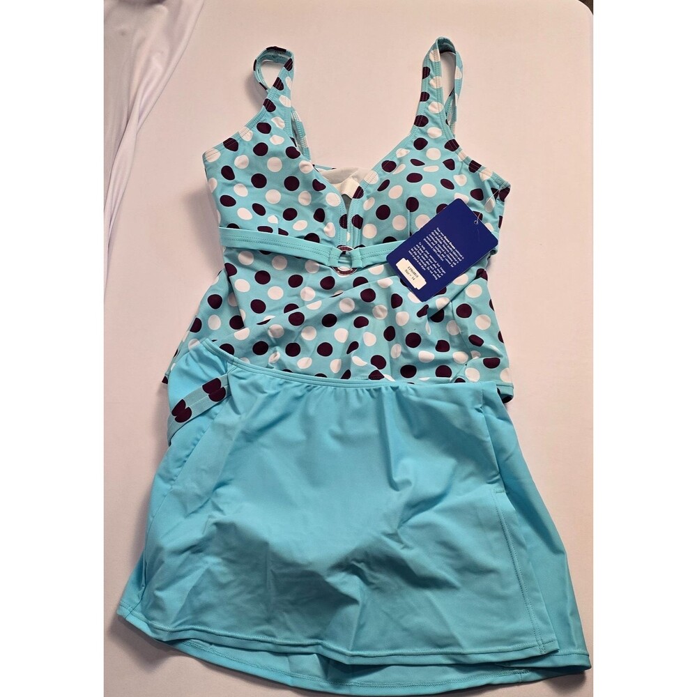 NWT‎ Ocean Dream Polka Dot Swim Dress Tankini Aqua Blue Size 14 Skirted Swimsuit